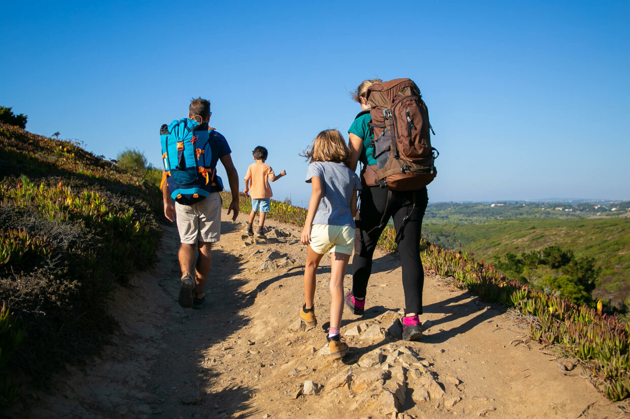 Gruppo famiglia di due genitori e due bambini fanno un trekking in montagna. Hanno in spalla degli zaini.