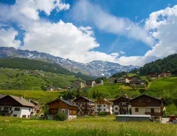 Scenario del paese di Santa Caterina di Valfurva: casette totalmente immerse nel verde della natura, tra le montagne.